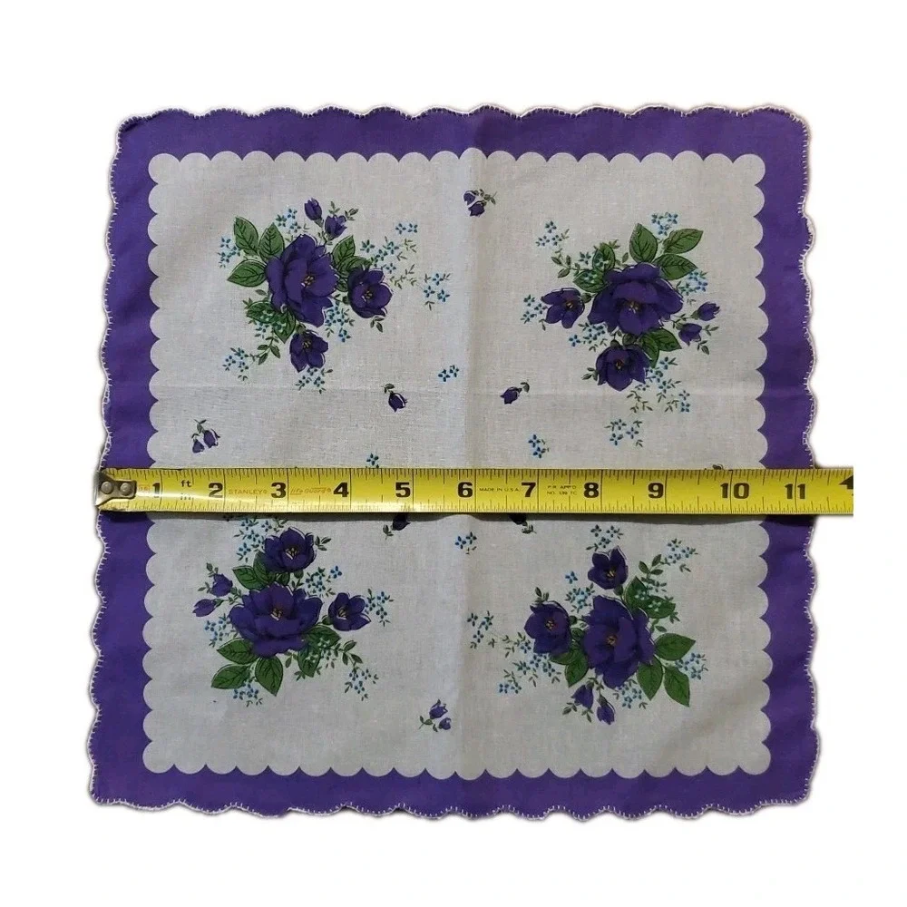 Linen Purple Poppies Floral Handkerchief Scalloped Cottage Core Bridesmaid‎